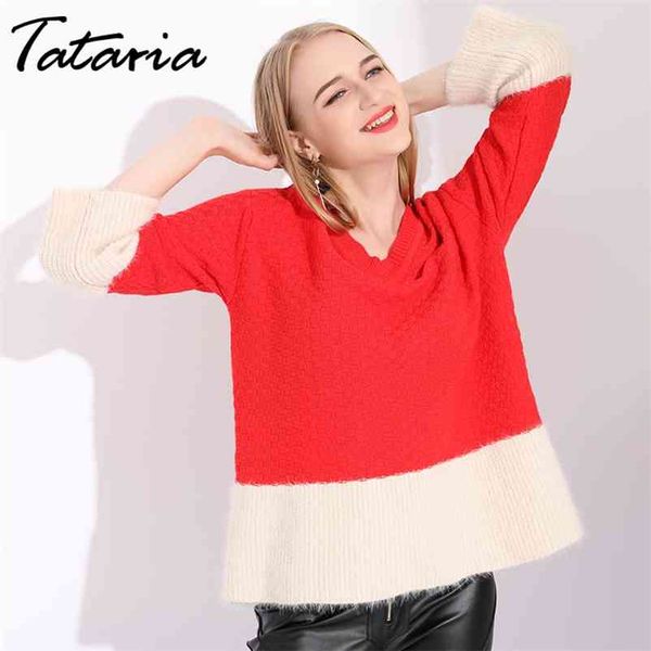 

1winter woman sweater knitting pullovers mohair patchwork red christmas women s cashmere winter 210514, White;black