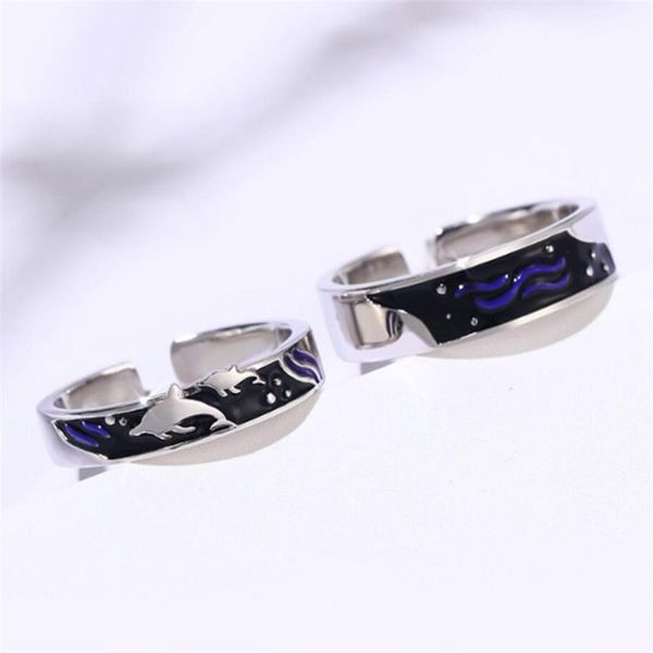 

cluster rings sole memory creativity sea whale drop glaze couple romantic sweet 925 sterling silver female resizable opening sri413, Golden;silver