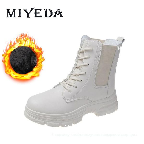

boots ladies platform chunky black white elastic band lace-up high-leather warm plush winter thick sole short