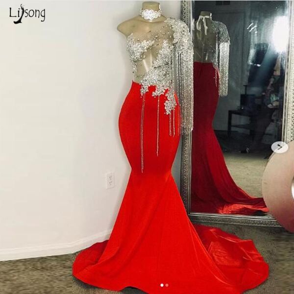 

casual dresses red tassel beading evening gown for middle east women trendy one shoulder arabic mermaid glitter long party prom gowns, Black;gray