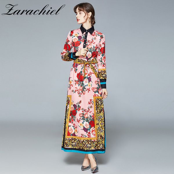 

luxury rose floral hoiday maxi women elegant shirt collar full sleeve flower print loose split long dress with belt 210416, Black;gray