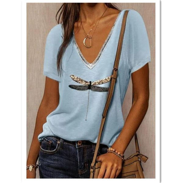 

women's t-shirt women t shirt summer 2021 sequined v neck short sleeve ladies casual loose female beach tees, White