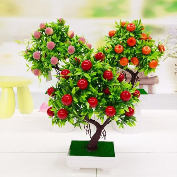 Flores decorativas Grinaldas 1 pc Plantas Artificiais Laranja Florescendo Árvore de Frutas Potted Plant Plasted Mesa Centerpieces Falske Flower Wedding de