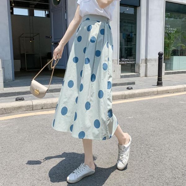 

skirts summer woman polka dot printing vintage hepburn a-line midi skirt fashion korean style high waist white jupe longue femme, Black