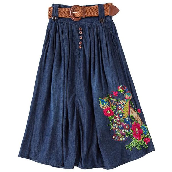 

skirts belt high waist pleated denim skirt 2021 embroidered phoenix jean girls ladies jeans plus size 5xl 6xl, Black