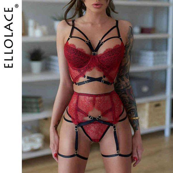 

ellolace goth lingerie set bandage women' underwear bra brief 3 piece wireless brassiere red lace garters exotic sets, Red;black