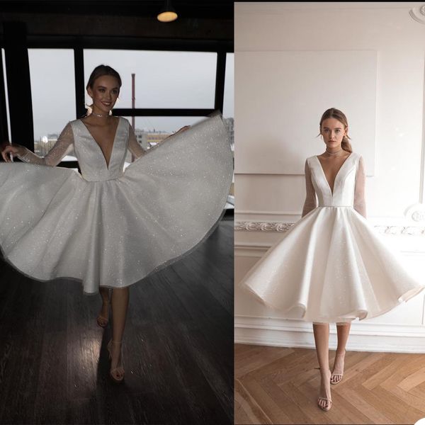 

2021 a line wedding dresses plus size bridal gowns v neck long sleeve knee lenght vestios de novia, White