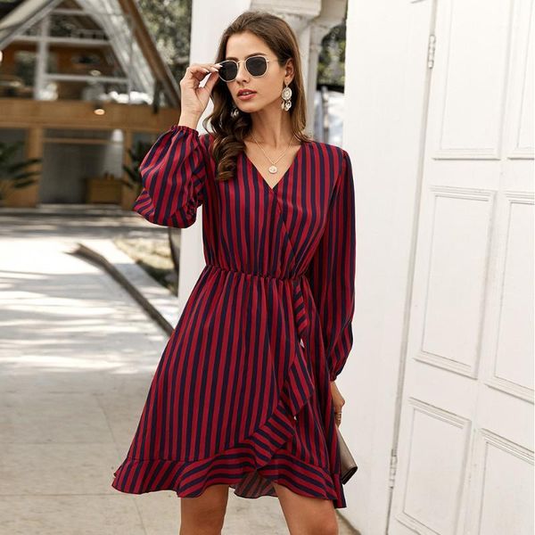 

two piece dress fashion women's v-neck striped print autumn long-sleeved skirt, White