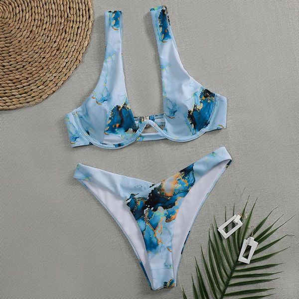 

women's swimwear marble printed bikini set women v-neck underwire beachwear bathing suit 2 piece split 2021 bather swimsuit biquini, White;black
