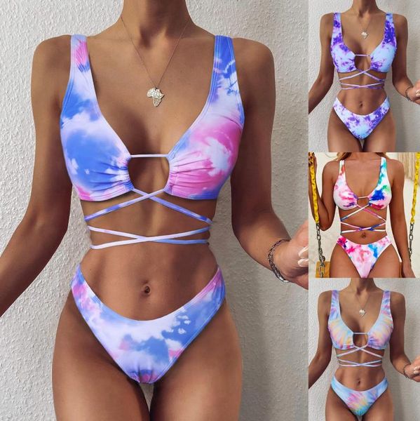 

women's swimwear tie dye string bikini neon bandage pad swim bathing suit for women swimsuit 2 two piece set 2021 beach wear, White;black