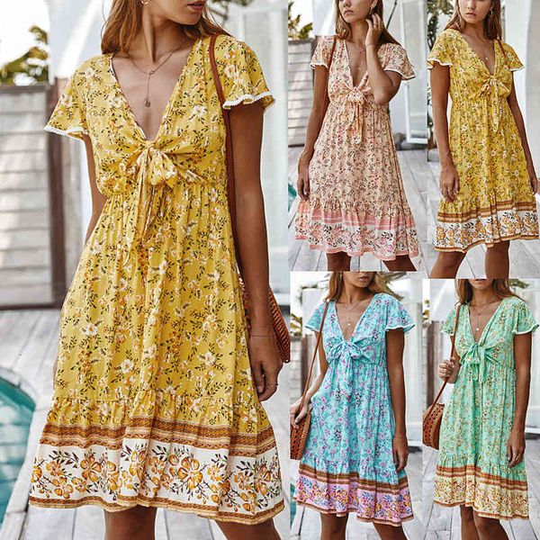 

dresses women floral print bohemian beach es summer spring seaside holiday style v-neck bow short sleeve casual boho, Black;gray