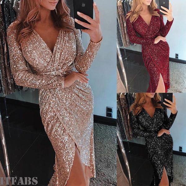 

casual dresses fashion women v neck glitter sequin evening club dress bodycon elegant ladies long sleeve party maxi slim, Black;gray