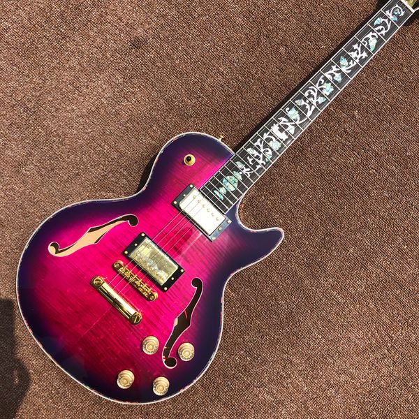 

flower inlaid abalone fingerboard electric guitar, maple double f hollow body