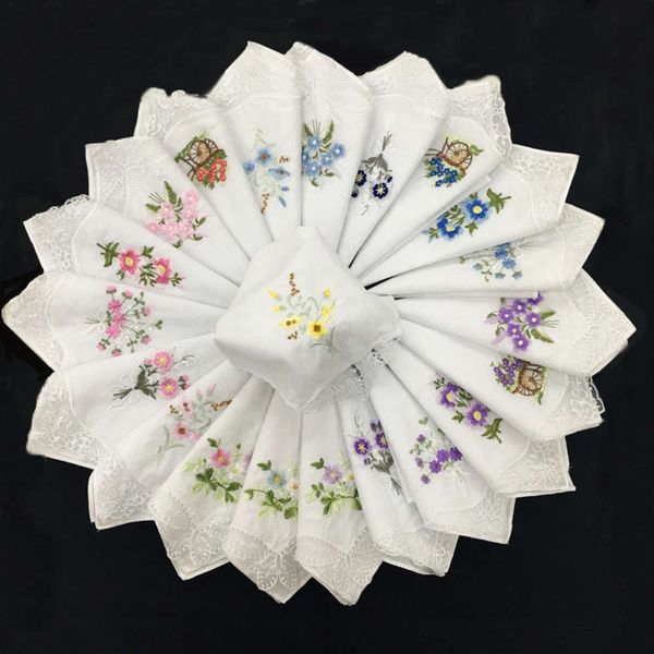 

28 cm 60 weave cotton women's sweat wipe lace multi flower mixed embroidered white handkerchief