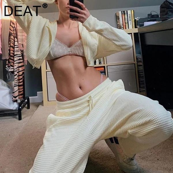 

women's two piece pants [deat] 2021 autumn fashion tide long sleeve zipper hooded collar coat high waist pencil women two-piece suit 13, White