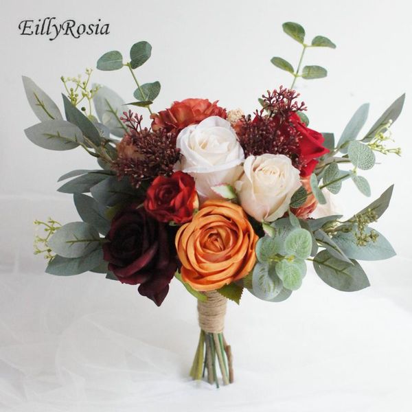 

wedding flowers eillyrosia retro romantic bridal bouquet artificial red burgundy orange white roses for bride pography props
