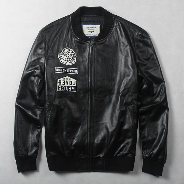 

men's leather & faux avirexmen fashion genuine with pattern black bomber men casual baseball jacket youth