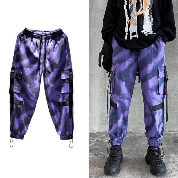 

streetwear multi-pockets cargo korean-style runners harajuku ribbon hip hop printed cotton pants, Black