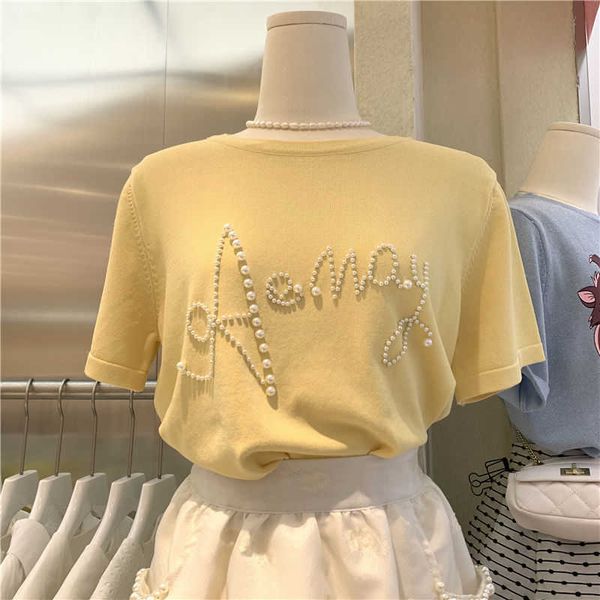 

new south korea 2021 spring and summer new round neck pearl letters loose short-sleeved t-shirt casual for women y0621, White