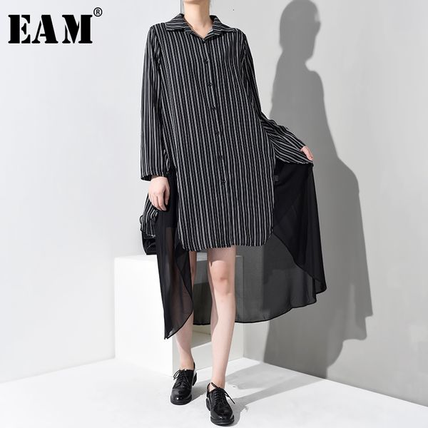 

women's blouses & shirts [eam] autumn winter lapel long sleeve black striped printed chiffon stitch big size shirt women blouse fashion, White