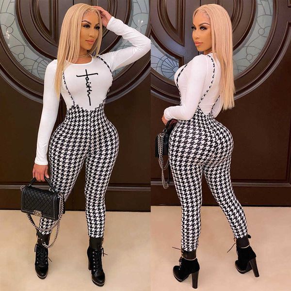 

2021 designer women's two-piece pant set street trend slim letter casual pants print contrast suspenders, White