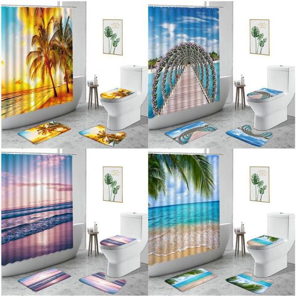 

shower curtains beach sunset scenery curtain palm trees flowers plank road home decoration bath set non-slip carpet toilet cover