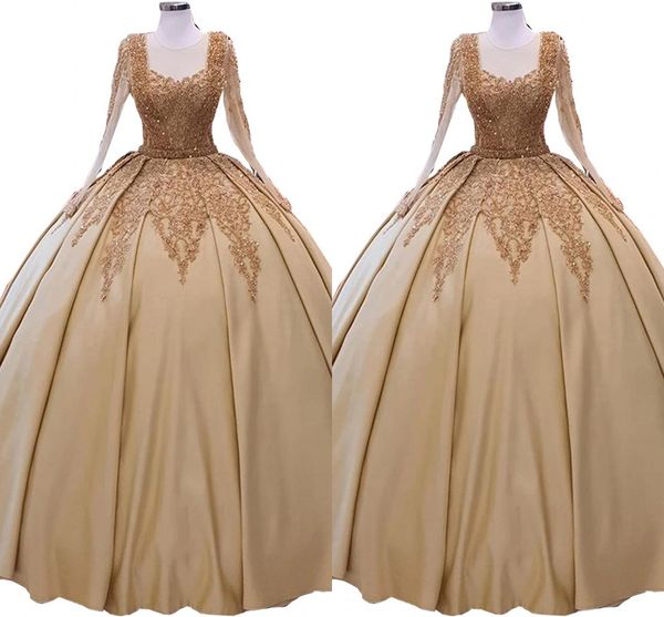 2022 Champagner-Ballkleid-Abschlussballkleider mit langen Ärmeln, durchscheinenden, hohen Juwelenapplikationen, Perlen, formelles Kleid für besondere Anlässe, Quinceanera-Kleider