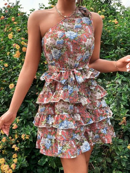 

random floral print one shoulder layered hem belted dress w6du#, Black;gray