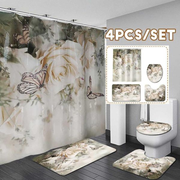 

roses butterfly flower shower curtains waterproof bathroom curtain toilet cover mat non-slip rug set for bathtub decor