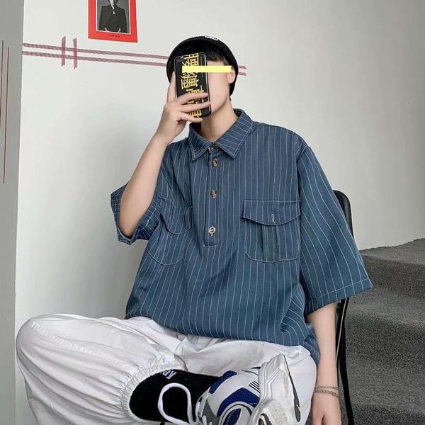 

men's casual shirts summer short-sleeved fashion pullover men streetwear korean loose striped mens dress, White;black