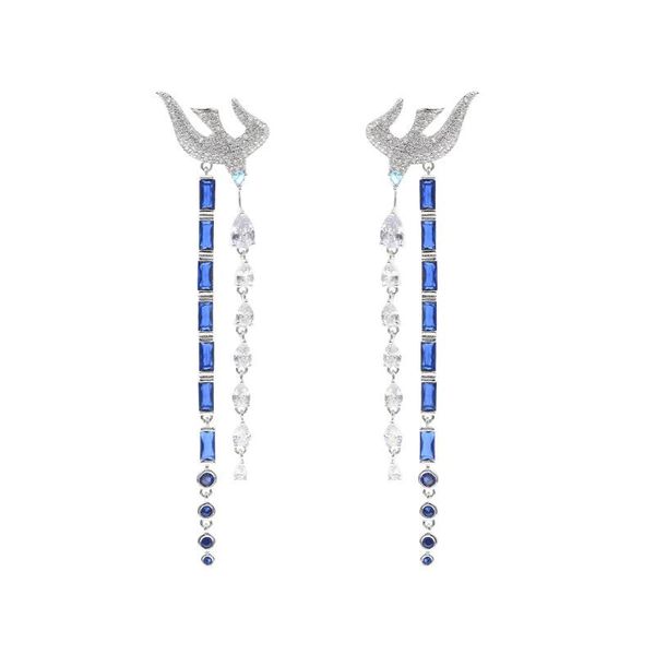 

fashion luxury design long tassel earrings with blue stones drop for women box dangle & chandelier, Silver