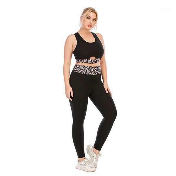 

large size female leopard print sports bra mujer high waist elastric workout clotheswomen running sets black yoga outfit
