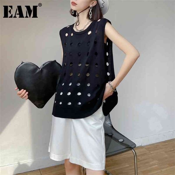 

[eam] women loose fit black holes hollow out casual vest v-collar sleeveless fashion spring summer 1de0694 210819, Black;white