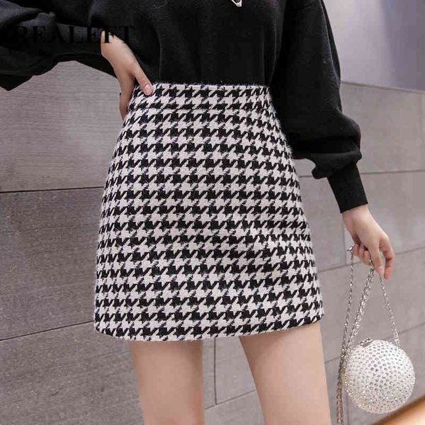 Outono inverno saudável houndstooth saia mulheres saias de skatista de lã cintura alta a linha sexy mini feminina 210428