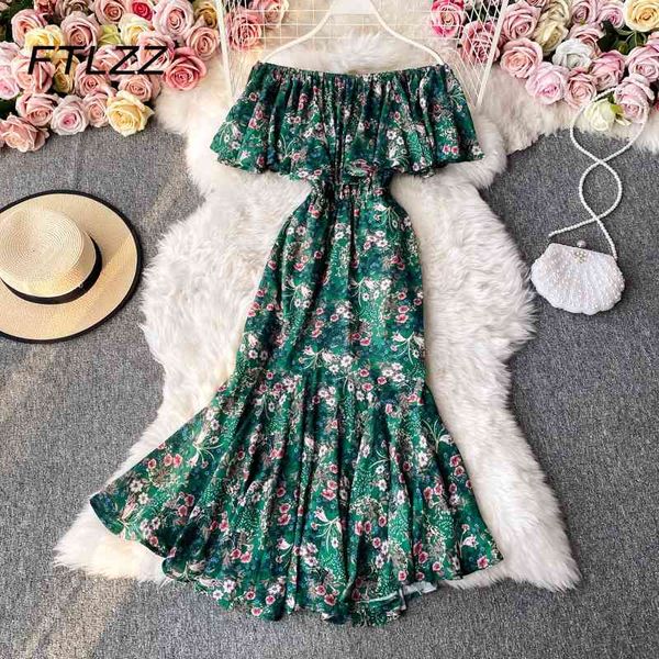 

french trumpet dres off shoulder ruffles boho dresses summer vintage floral printing long robe beach vestidos mujer 210602, Black;gray