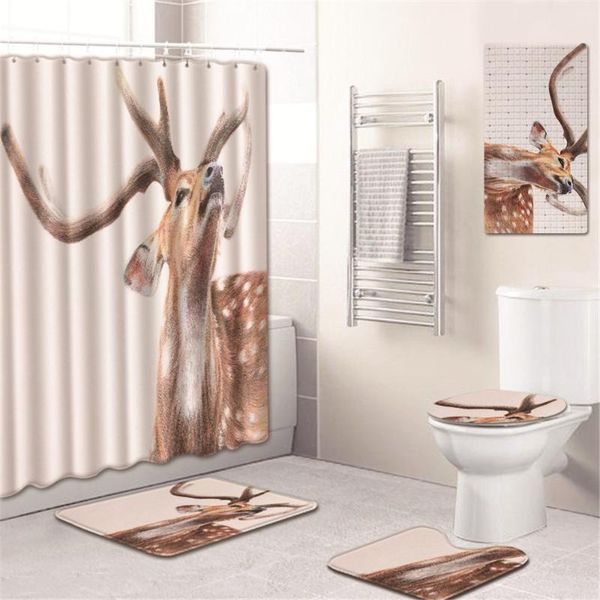 

bath mats elk shower curtain bathroom mat set toilet cover bathtub kitchen pad five-piece carpet graphic customization