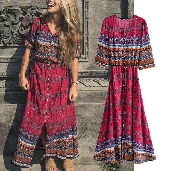 

za women long dress printed half sleeve casual party ankle-length vestido elegant v-neck a-line girls outfits 210422, Black;gray