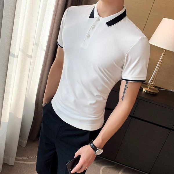 

summer 2021 contrast color turn down collar short sleeve shirt men clothing all match slim fit casual tee shirts homme 3xl men's polos, White;black