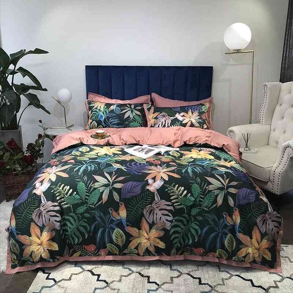 

birds tropical botanical luxury duvet cover  king size 4pcs egyptian cotton bedding set fitted bed sheet pillow shams