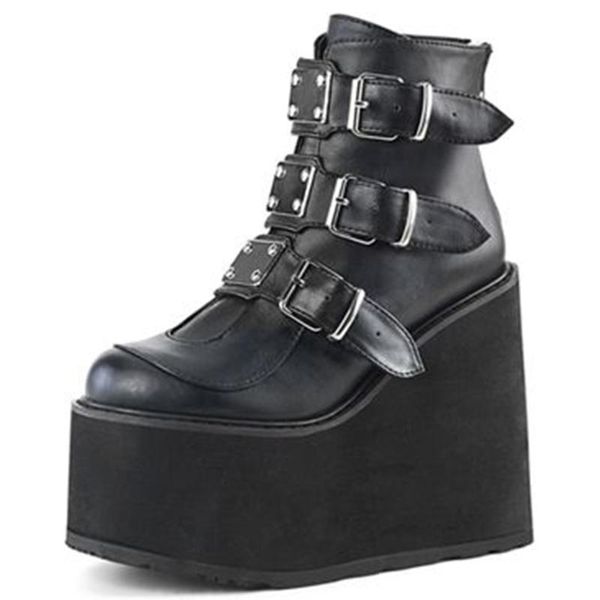 

boots brand high platform ankle women 2021 fashion pvc strap decorating wedges shoes womens heels gothic, Black