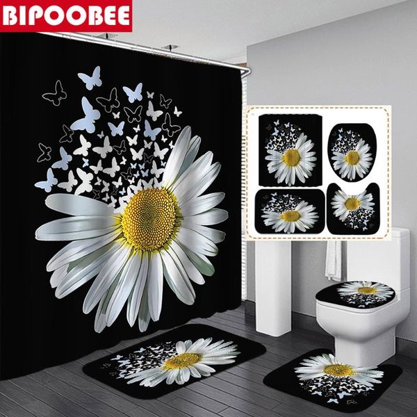 

shower curtains white butterfly flower curtain set bath mats rugs toilet cover non-slip carpet bathtub sunflower bathroom decor