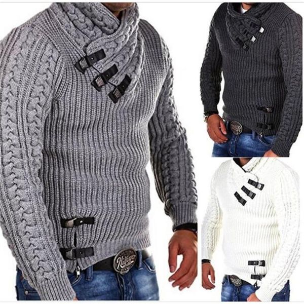 

men's sweaters autumn/winter korean version kniting pullovers men/youth stand collar leather buckle decorated long sleeve thick loose s, White;black