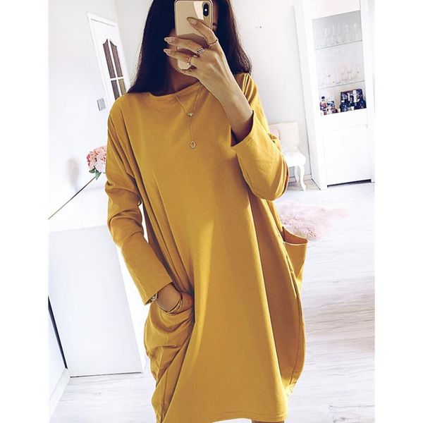 

women's dress round collar long sleeve knee length with pockets casual women dresses pure color clothes 2021, Black;gray