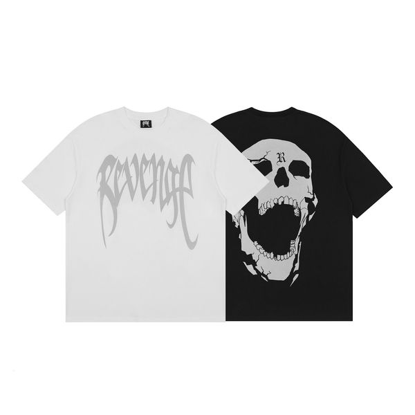 

trendy revenge reflective skull print t-shirt dark department men and women lovers loose high street short sleev, White;black
