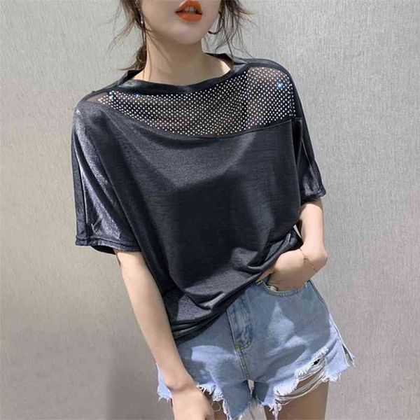 

women's summer t-shirt loose solid o-neck diamonds lace irregular patchwork hollow out woman tees female pl015 210506, White