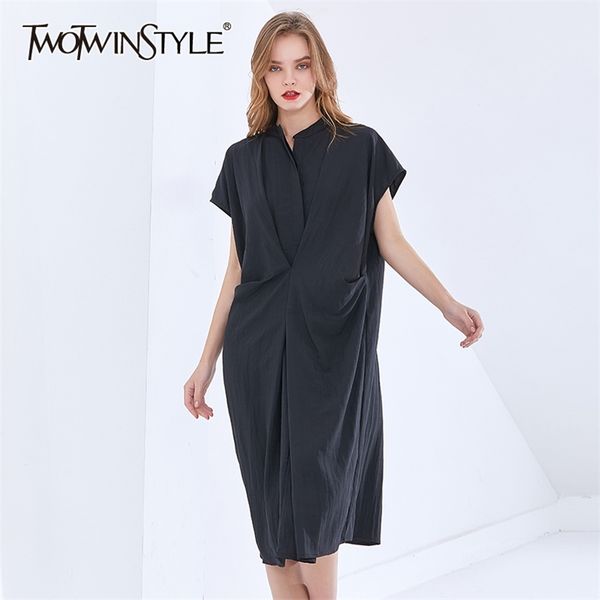 

oversized solid dress for women stand collar short sleeve casual loose vintage dresses female fashion stylish 210520, Black;gray