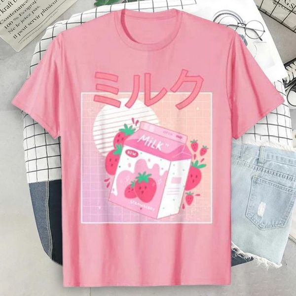 

women's t-shirt female 90s japan cute strawberry milk shake carton short-sleeved cotton harajuku graphic oversized tee, White