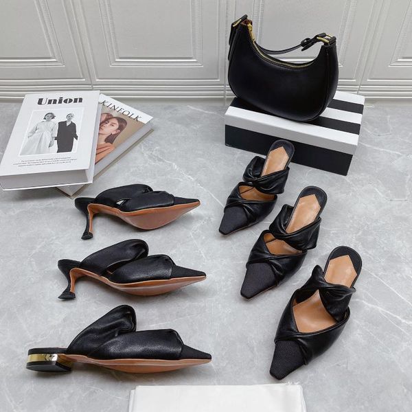 

summer slippers pointed toe women genuine leather butterfly-knot shoes woman comfort high heels, Black
