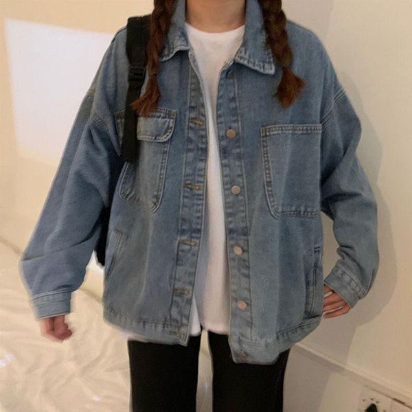 

denim blue turn-down collar women basic jackets korean style single breasted vintage streetwear retro all-match casual chic women's, Black;brown