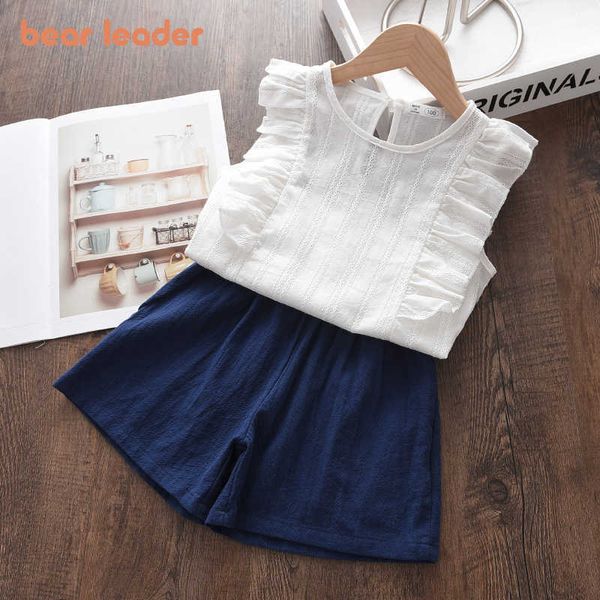 

bear leader baby girls su,,er clothes kids girl casual sleeveless vest and shorts outfits chidlren ruffles cute clothing 3-7y 210708, White